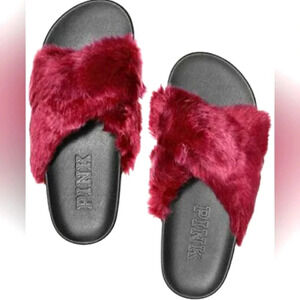 Victorias Secret PINK Limited Edition Burgundy Faux Fur CrisCross Slides M #8024